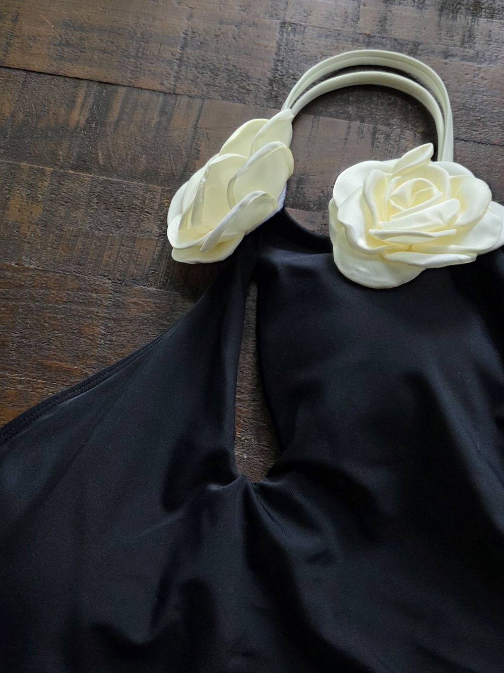 Black One-Piece Swimsuit with Cream Floral Accent - Picture 2 of 5